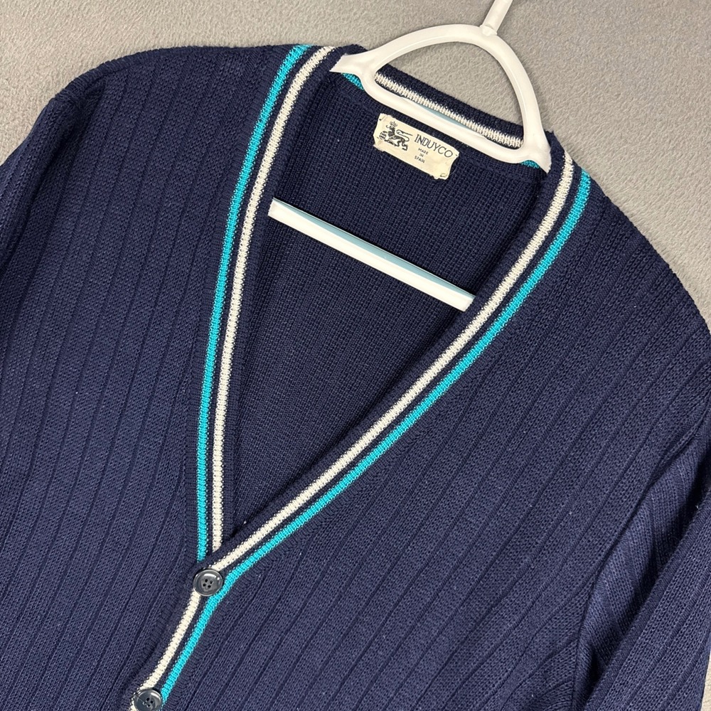 Induyco Cardigan Sweater Mens Large Navy Blue Vintage Ribbed Knit Striped Spain